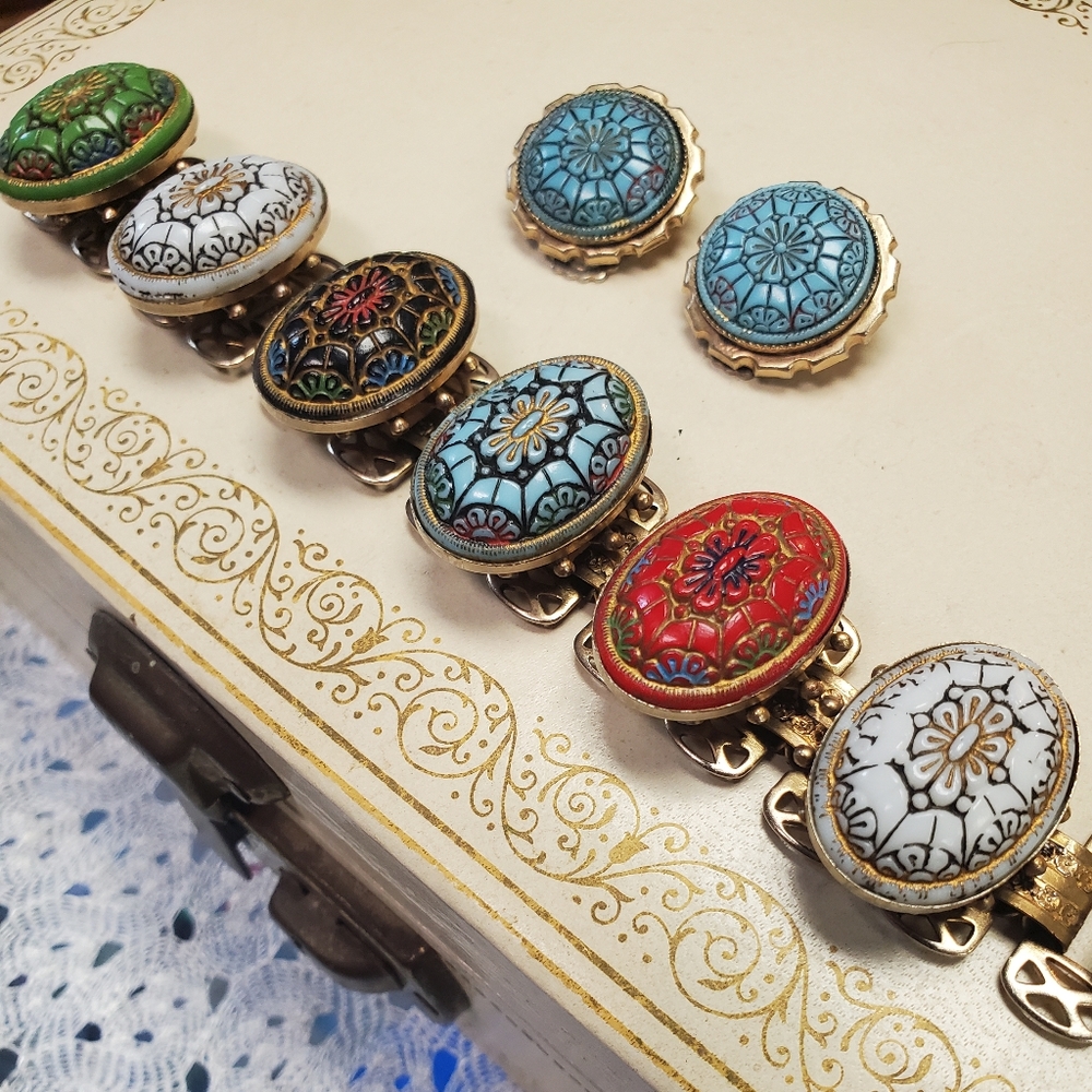 Vintage SELRO & Selini Glass Cabochon Link Bracelet Clip Earring Set